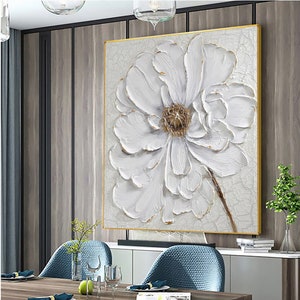 Original Abstract 3D White Flower Oil Painting on Canvas, Large Heavy ...
