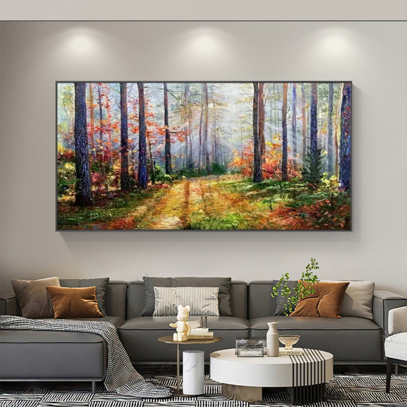 Original Sunset Forest Landscape Oil Painting on Canvas,Large Abstract Colorful Textured Tree Acrylic Wall Art Modern Living Room Home Decor