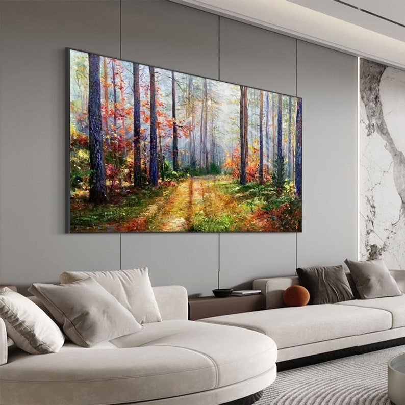 Original Sunset Forest Landscape Oil Painting on Canvas,Large Abstract Colorful Textured Tree Acrylic Wall Art Modern Living Room Home Decor