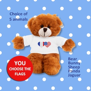 May include: A brown teddy bear wearing a white t-shirt with a heart design featuring the French and American flags. The text "Choice of 5 animals" is above the bear. The text "YOU CHOOSE THE FLAGS" is in a red circle below the bear. The text "Bear Bunny Sheep Panda Jaguar" is on the right side of the image.