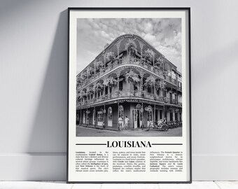 Cartel en blanco y negro de Luisiana, impresión de Luisiana, arte de la pared de Luisiana, regalo de Luisiana, foto de Luisiana, póster de Estados Unidos, versión 2
