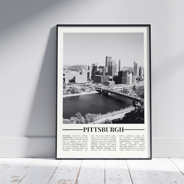 Affiche Pittsburgh noir et blanc, impression Pittsburgh, art mural Pittsburgh, cadeau Pittsburgh, photo Pittsburgh, États-Unis, Pennsylvanie, V1