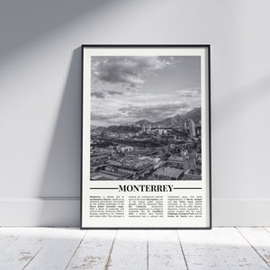 Cartel en blanco y negro de Monterrey, Impresión de Monterrey, Arte de la pared de Monterrey, Regalo de Monterrey, Foto de Monterrey, Cartel de México, Regalo de México