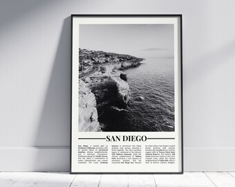 Plakat San Diego Czarno-biały, Wydruk z Kalifornii, Sztuka ścienna San Diego, Prezent z San Diego, Zdjęcie z San Diego, Plakat ze Stanów Zjednoczonych, Wersja 1