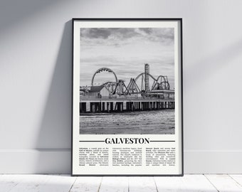 Affiche Galveston noir et blanc, impression Texas, art mural Galveston, cadeau Galveston, photo Galveston, affiche États-Unis, cadeau Etats-Unis