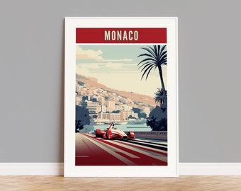 May include: A vintage-style poster featuring a red race car speeding along a road with the city of Monaco in the background. The poster has the word "MONACO" in red letters at the top.