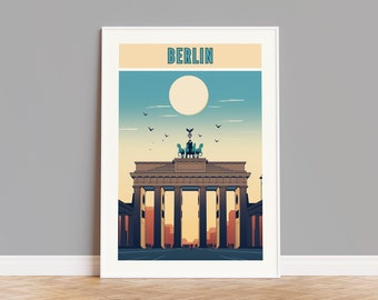 May include: A vintage-style poster with a blue, white, and yellow color scheme featuring the Brandenburg Gate in Berlin, Germany. The poster has the word "BERLIN" in blue text at the top.