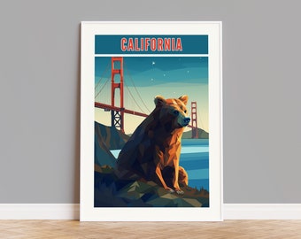 May include: A vintage-style travel poster featuring a brown bear sitting on a rocky cliff overlooking the Golden Gate Bridge in San Francisco, California. The poster has a blue background with white stars and the text "CALIFORNIA" in red.