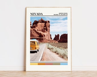 May include: A yellow vintage van drives down a road in the desert. The road is lined with green bushes and red rock formations. The text "NEVADA" and "UNITED STATES" is at the top of the image. The text "38.8026° N, 116.4194° W" is below the text "UNITED STATES".