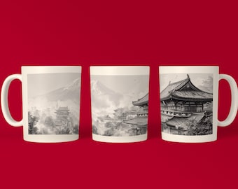 Japan Mug, Japan Gift, Japan Coffee Mug, Japan Artwork, Fuji Mountain, Pencil Sketch, Vacation Mug, 11oz Mug