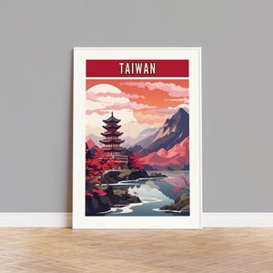 May include: A vintage travel poster featuring a red, white, and blue color scheme with the word "TAIWAN" in a white banner. The poster depicts a traditional pagoda-style building with a red roof and a mountain range in the background. The scene is set against a sunset sky with a large, white moon.