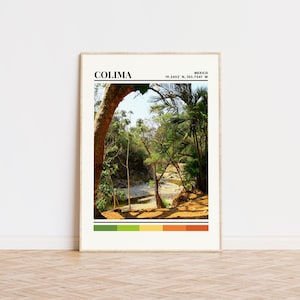 May include: A framed print of a landscape scene with a river flowing through a lush green forest. The print includes the text "COLIMA" and "MEXICO 19.2452° N, 103.7241° W". A color palette of green, yellow, orange, and brown is displayed below the image.
