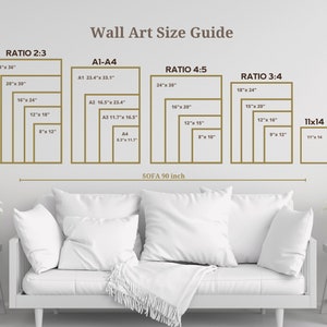 Op de afbeelding: Een wandkunst-formaatgids met verschillende verhoudingen en maten voor wandkunst. De gids bevat maten voor de verhoudingen 2:3, 4:5 en 3:4. De gids bevat ook maten voor de papierformaten A1, A2, A3 en A4. De gids wordt weergegeven op een witte muur met een witte bank ervoor.