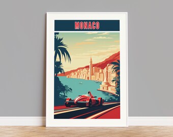 May include: A vintage-style poster featuring a red race car driving on a road overlooking a cityscape with the word "MONACO" in bold letters at the top.