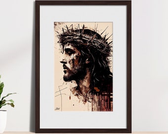 Op de afbeelding: Een ingelijste print van een zwart-witte illustratie van een man met een doornenkroon. De illustratie is in een schilderachtige stijl met spatten van rode en bruine verf.