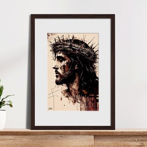 Gesù Cristo corona di spine crocifisso ritratto moderno decorazione della parete Gesù opera d'arte astratta arte stampabile opera d'arte digitale