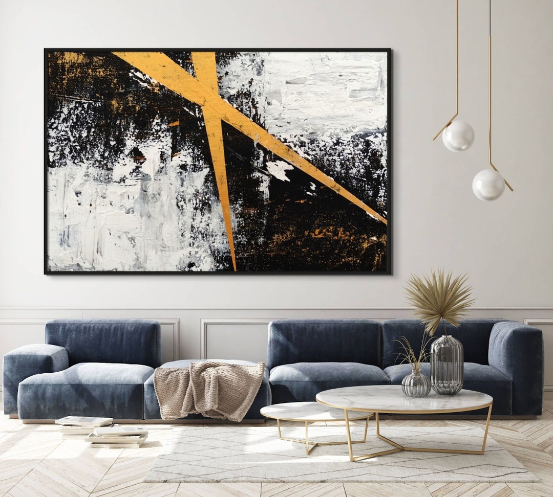 Black and White Abstract Canvas Painting, Gold Accents, Modern Wall Art ...