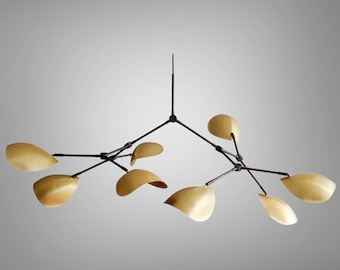 1950's Mid Century Stilnovo Style 8 Arm Curved Shade Sputnik Chandelier Light Branch Fixture Mid Century Raw Brass Chandelier