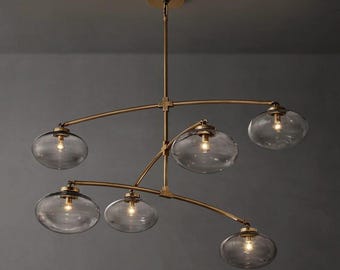 1950's Mid-Century Modern Brass Chandelier 6 Lights Mobile Round Chandelier-Pendant Light Sputnik Chandelier