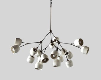1950's Mid-Century Brass Chandelier | 18 Light White Blue Orb Cup Modern Pendant Light | Italian Ceiling Fixture Light