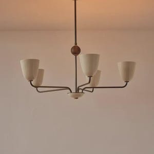 1950s Mid-Century Modern Brass Chandelier | Mid Century Wooden Ball 5 Arms Italian Modern Ceiling Pendant | Stilnovo Brass Ceiling Fixture