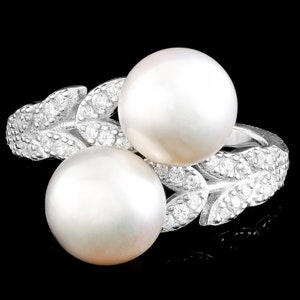 Unheated Natural 8mm White Freshwater Pearl & White Cz Solid Silver 925 Ring