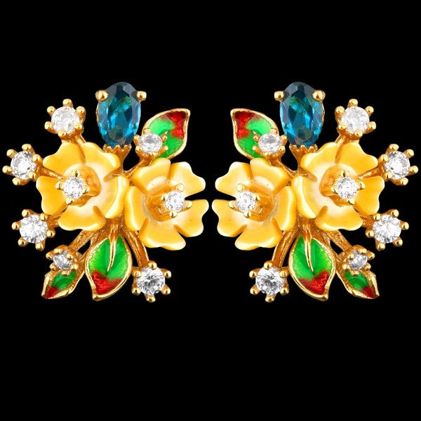 Natural 5X3Mm London Blue Topaz & Mop Flower Carving Yellow Gold 0.03 Micron with Silver 925 Earring