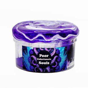 May include: Purple slime in a clear plastic container with a white lid. The slime has white swirls throughout. The container has a label with a black octopus and the text "Poor Unfortunate Souls".