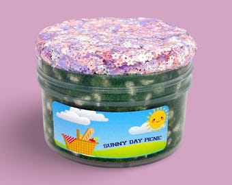 Sunny Day Picnic Slime, Pumice Stone, Holographic Glitter, Flower Sequins, Grass Plumeria Scent