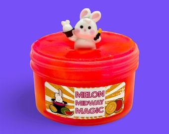 Melon Midway Magic swirled latext slime, scented like fruity melon, mango and papaya