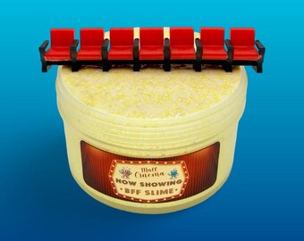 Mall cinema, white glue microsequin slime, scented like fizzy cola and buttered popcorn, comes with miniature movie chairs