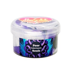 May include: A clear plastic container filled with purple and white slime. The container has a label that reads "Poor Unfortunate Souls" with an illustration of an octopus.