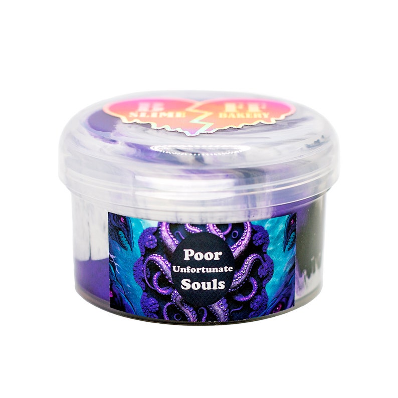 May include: A clear plastic container filled with purple and white slime. The container has a label that reads "Poor Unfortunate Souls" with an illustration of an octopus.