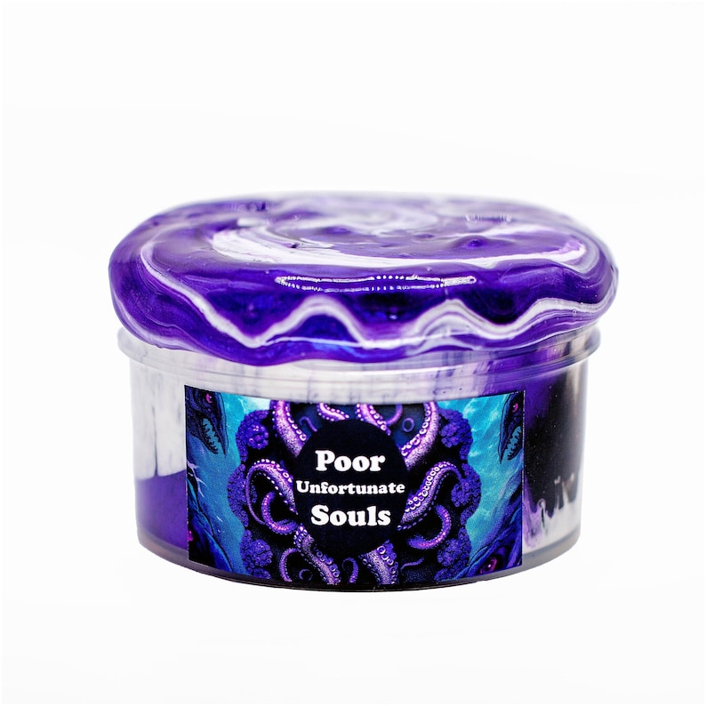 May include: Purple slime in a clear plastic container with a white lid. The slime has white swirls throughout. The container has a label with a black octopus and the text "Poor Unfortunate Souls".