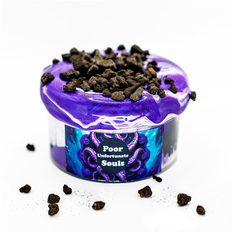 May include: Purple slime with black sprinkles in a clear container with a label that reads "Poor Unfortunate Souls".