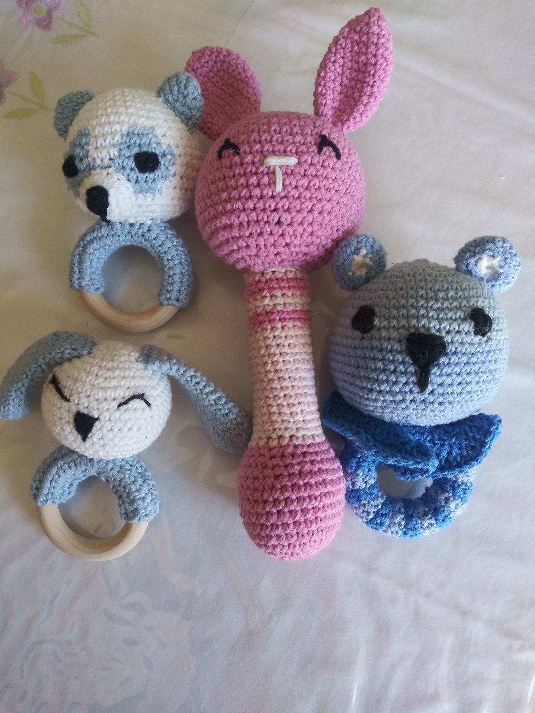 Crochet Animal Rattle, Organic Cotton and Beechwood, Bear Rattle, Panda