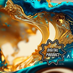 &quot;Ocean Wave Abstract&quot; dorato e blu - Decorazione artistica da parete - Opera d&#39;arte orizzontale - Download digitale