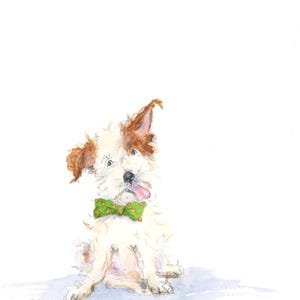 Cartolina con cane trasandato dipinto a mano con papillon