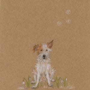 Cartão pintado à mão com cachorro de neve e flocos de neve (arte original)