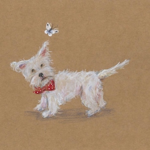 Carte de Westie et papillon peinte à la main (oeuvre d'art originale)