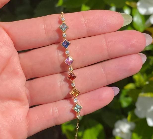14k diamond sapphire paperclip bolo bracelet Natural Gemstone Jewelry Gift for Her Multi sapphire square bracelet gold anniversary bracelet