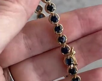 Vintage 14K Gold Black Onyx & Diamond Tennis Bracelet Natural Gemstone Jewelry Gift for Her Onyx Round bracelet gold anniversary bracelet