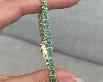 Vintage 14K Gold Emerald Tennis Bracelet Natural Gemstone Jewelry Gift for Her Emerald Round bracelet gold anniversary bracelet