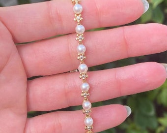 Vintage 14K Gold Pearl Tennis Bracelet Natural Gemstone Jewelry Gift for Her Freshwater Pearl Round bracelet gold anniversary bracelet
