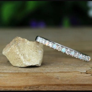 Natural Opal Eternity Band, Opal Half Eternity Ring, Sterling Silver Opal Ring, Opal Wedding Band, Opal Stacking Ring, Birthstone Ring
