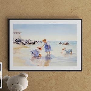 Coastal Playtime | Digital Watercolor | Children Playing on Beach | Digital Download