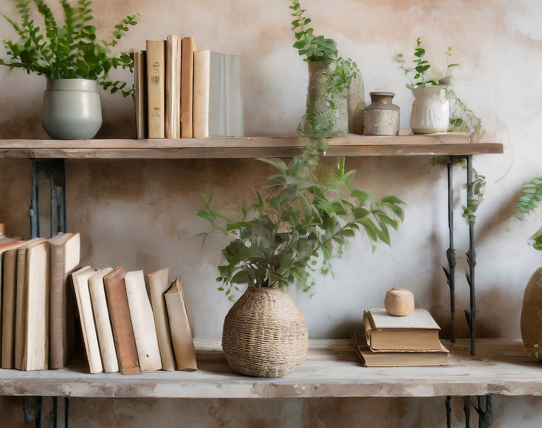 10 Professional Rustic Zoom Backgrounds W/ Plants, Books and Shelving