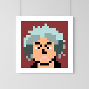 May include: Pixel art portrait of a person with grey hair and a serious expression. The person is wearing a black jacket and has a light pink mouth.