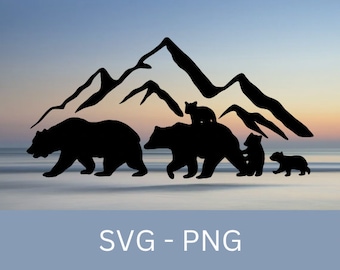 Björnfamilj bergsscen SVG PNG, väggdekal (digital nedladdning)