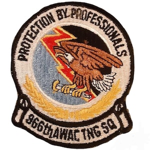 May include: Embroidered patch with the text "PROTECTION BY PROFESSIONALS" and "866th AWAC TNG SQ". The patch features a brown eagle with a red lightning bolt on a blue background, surrounded by a gold and black border.